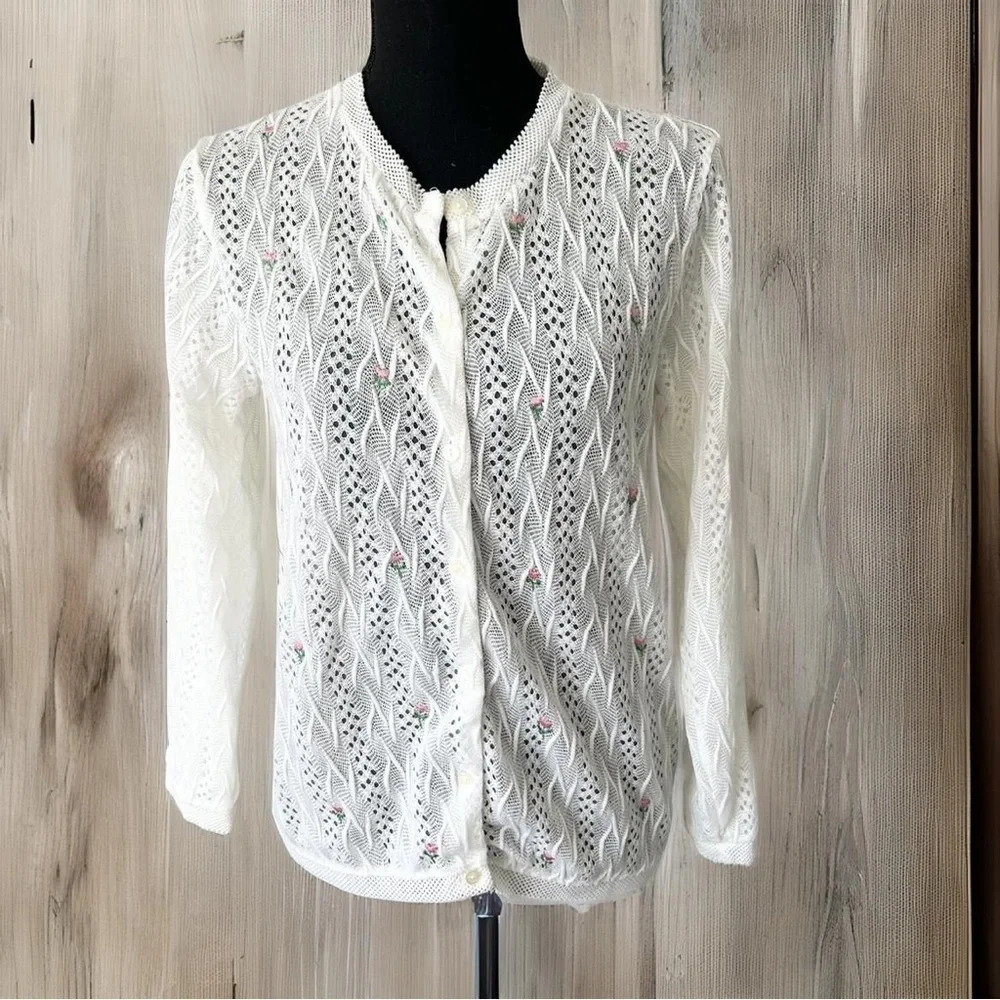 Vintage Barbra Sue Floral Embroidery Crochet Lightweight Cardigan